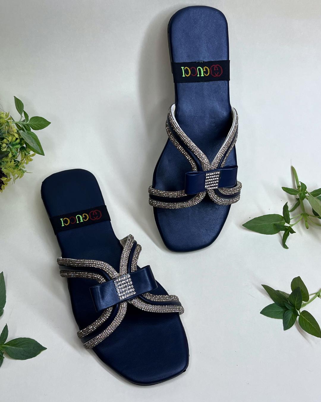 Navy women luxe flats with crystal bow embellishment