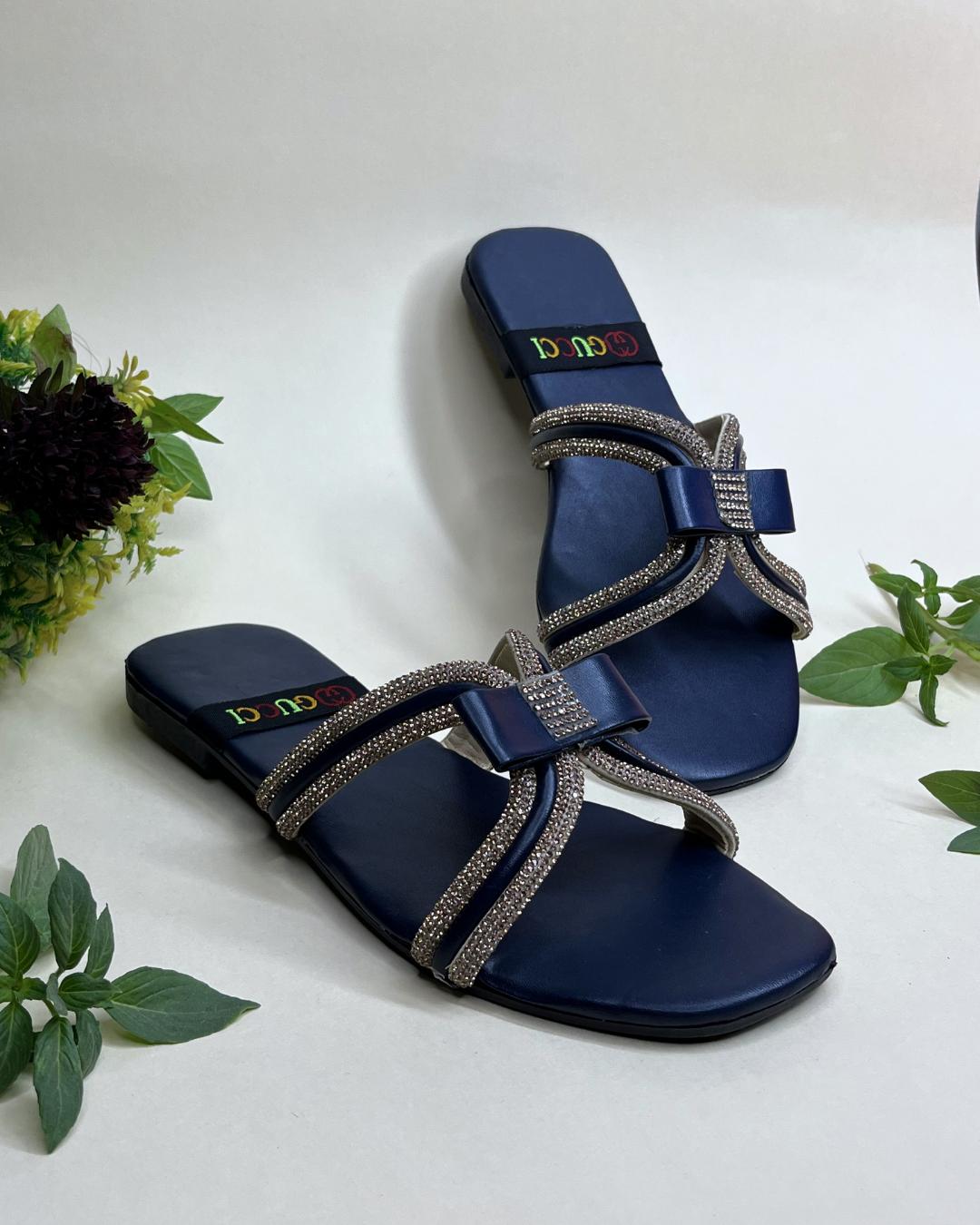 Navy women luxe flats with crystal bow embellishment