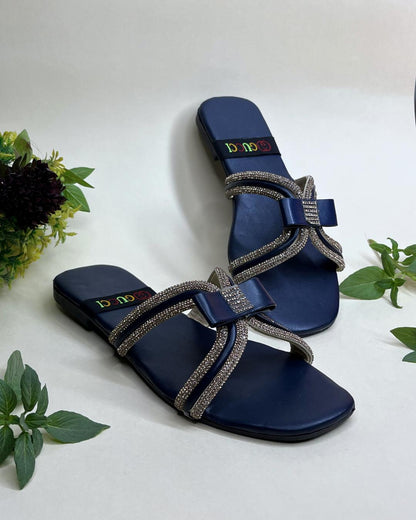 Navy women luxe flats with crystal bow embellishment