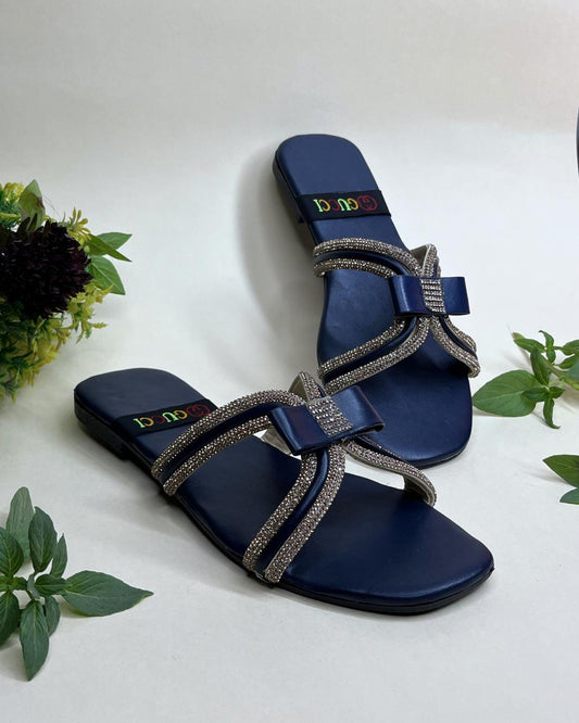 Navy women luxe flats with crystal bow embellishment