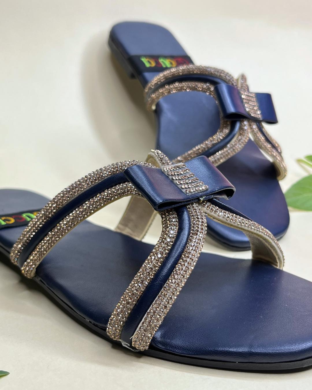 Navy women luxe flats with crystal bow embellishment