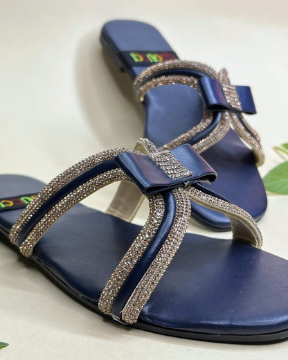 Navy women luxe flats with crystal bow embellishment