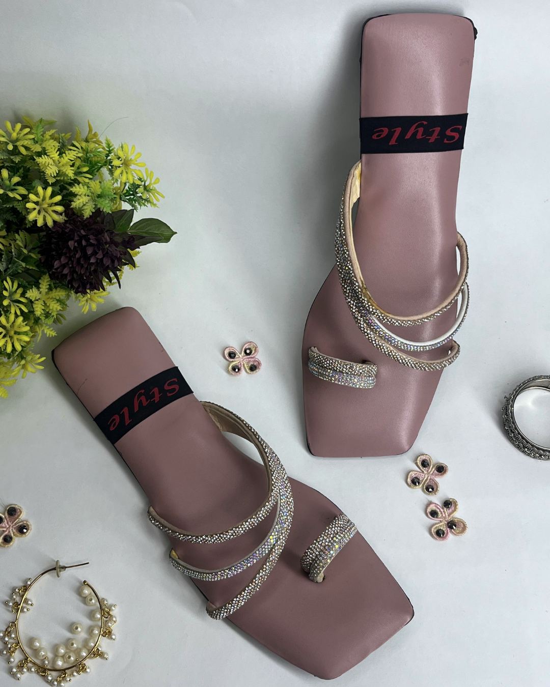 Pink women elegant flats with crystal spiral strap design