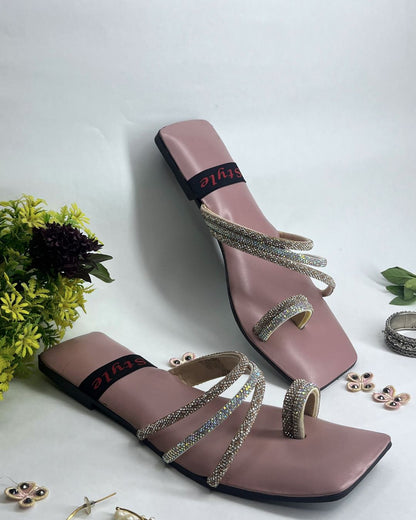 Pink women elegant flats with crystal spiral strap design