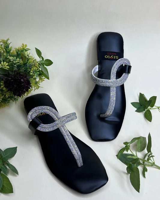 Black women elegant flats with crystal loop strap design