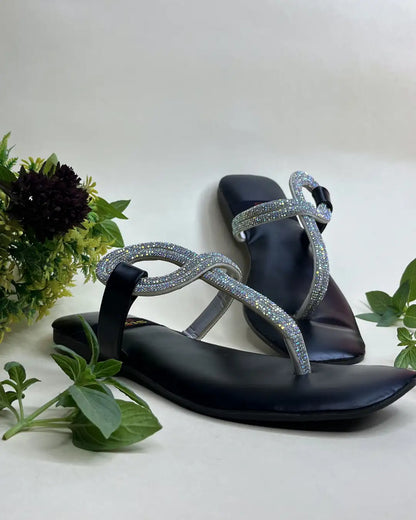 Black women elegant flats with crystal loop strap design