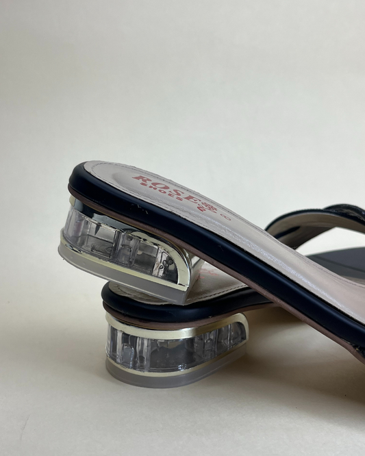 Flip Liper navy blue bow-knot block crystal heel sandals on a white studio background
