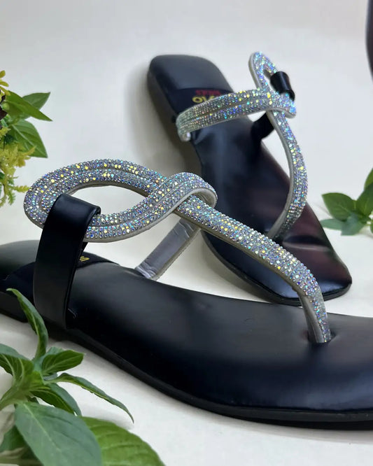Black women elegant flats with crystal loop strap design
