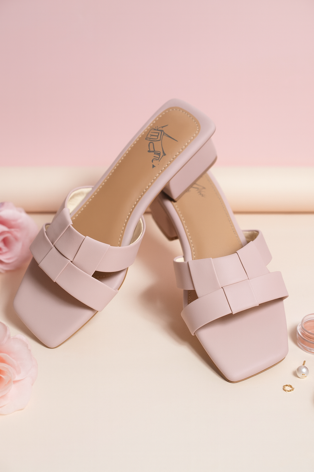 Flip Liper light pink bow-knot block heel sandals displayed on a soft pink studio background

