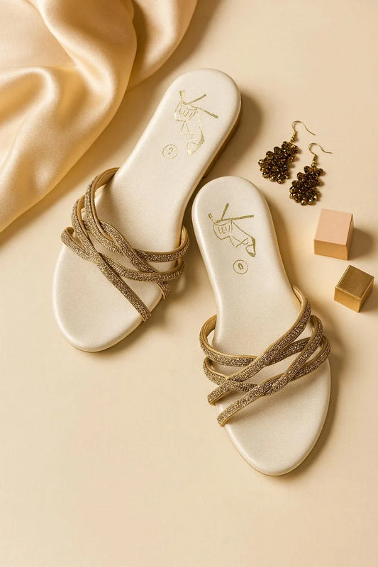 Golden Sparkle Twisted-Strap Flats – Premium Party Wear 303