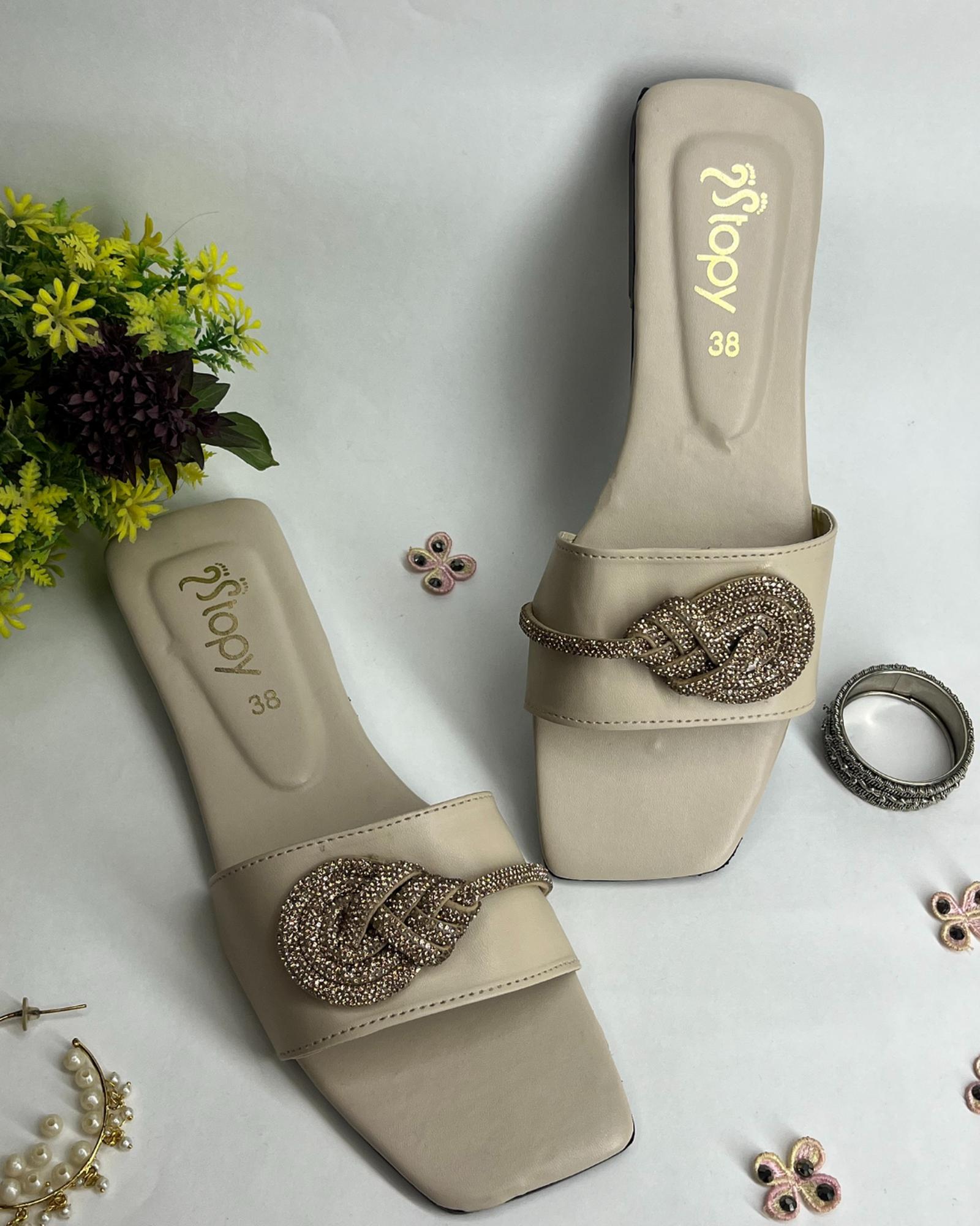 Beige women elegant flats with crystal knot detailing