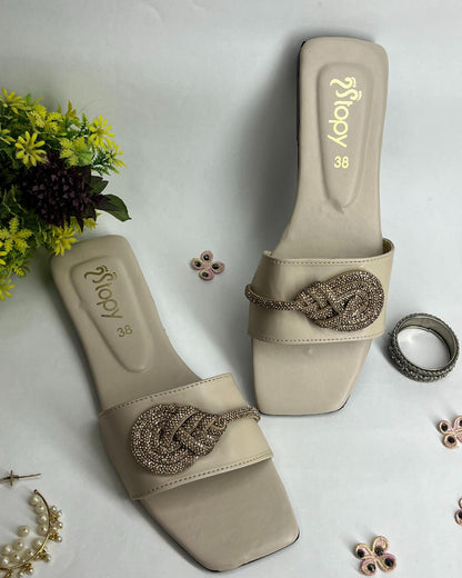 Beige women elegant flats with crystal knot detailing