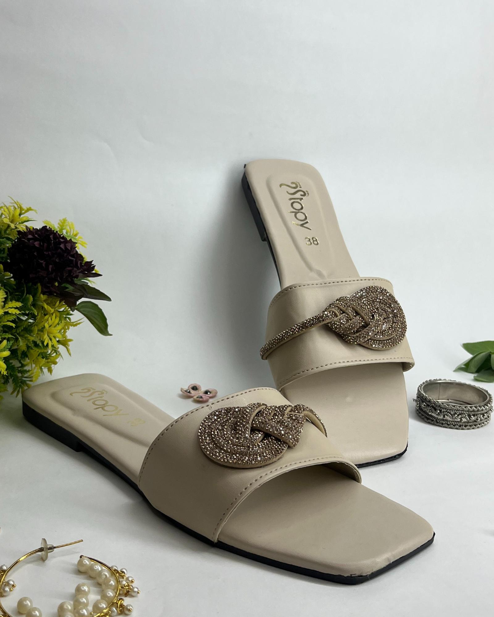 Beige women elegant flats with crystal knot detailing