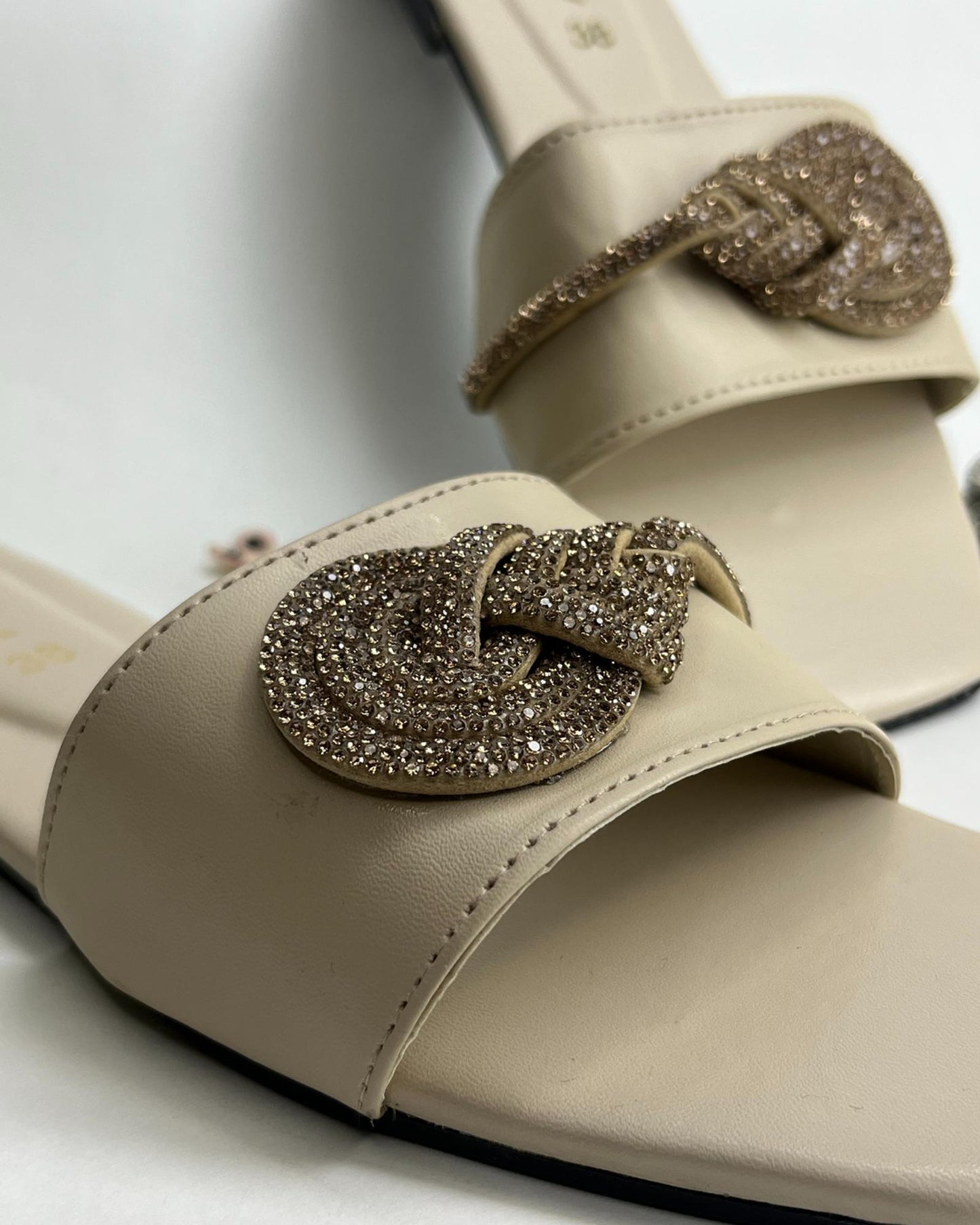 Beige women elegant flats with crystal knot detailing