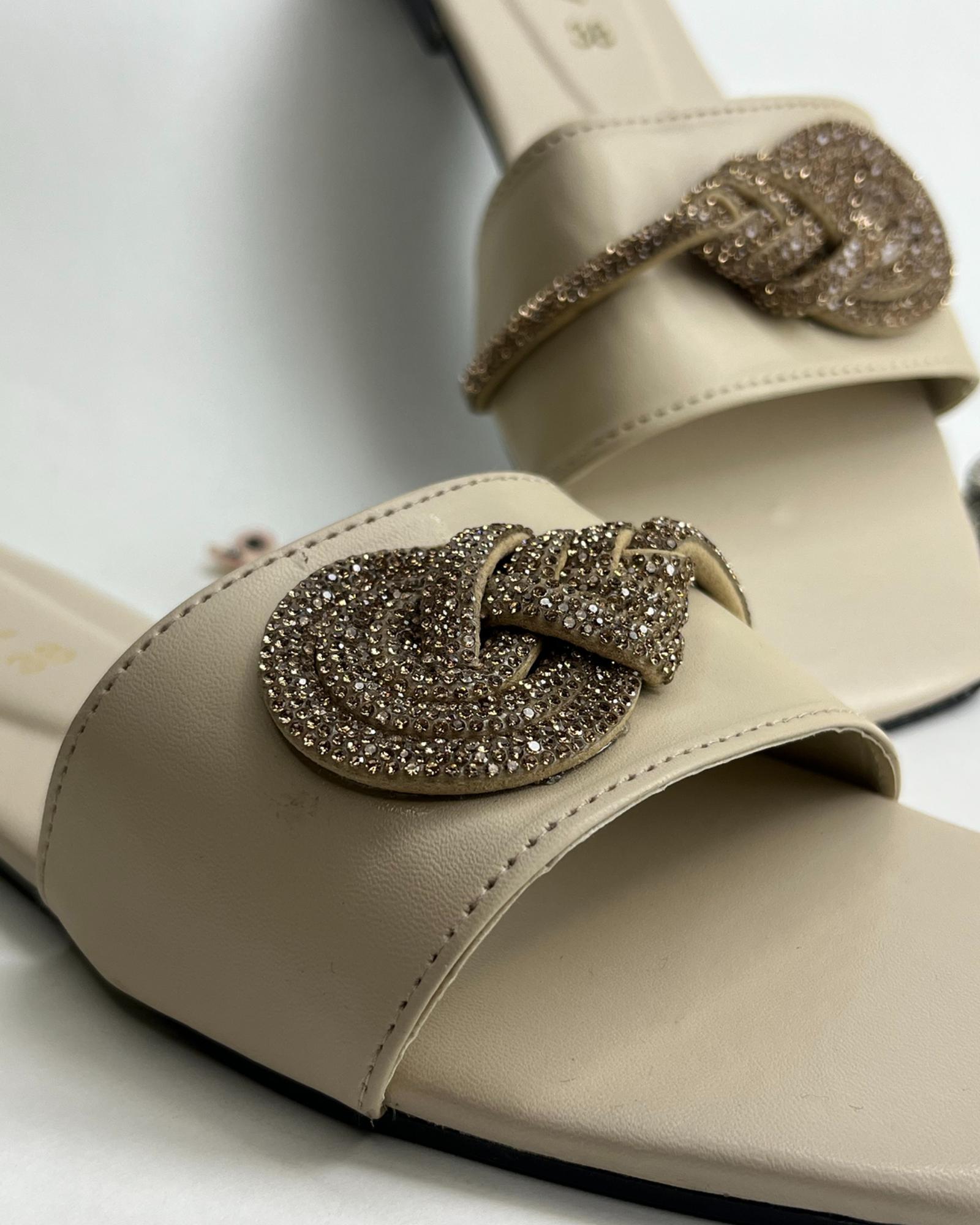 Beige women elegant flats with crystal knot detailing