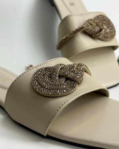 Beige women elegant flats with crystal knot detailing