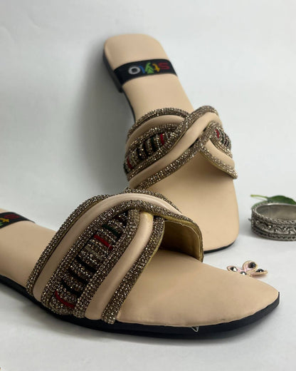 Women glamour slides with woven sparkle strap design
