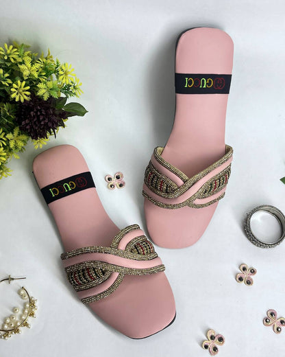 Stylish women sparkle slides with elegant woven detailing