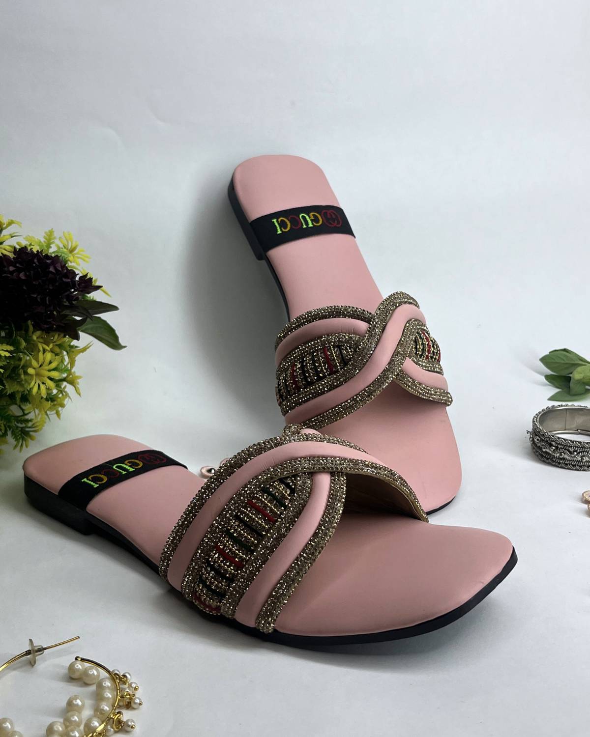 Stylish women sparkle slides with elegant woven detailing